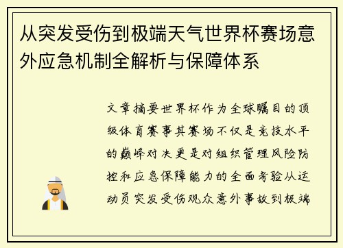 从突发受伤到极端天气世界杯赛场意外应急机制全解析与保障体系 从突发受伤到极端天气世界杯赛场意外应急机制全解析与保障体系