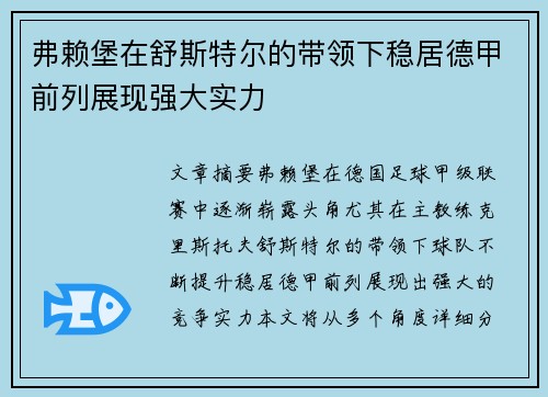 弗赖堡在舒斯特尔的带领下稳居德甲前列展现强大实力